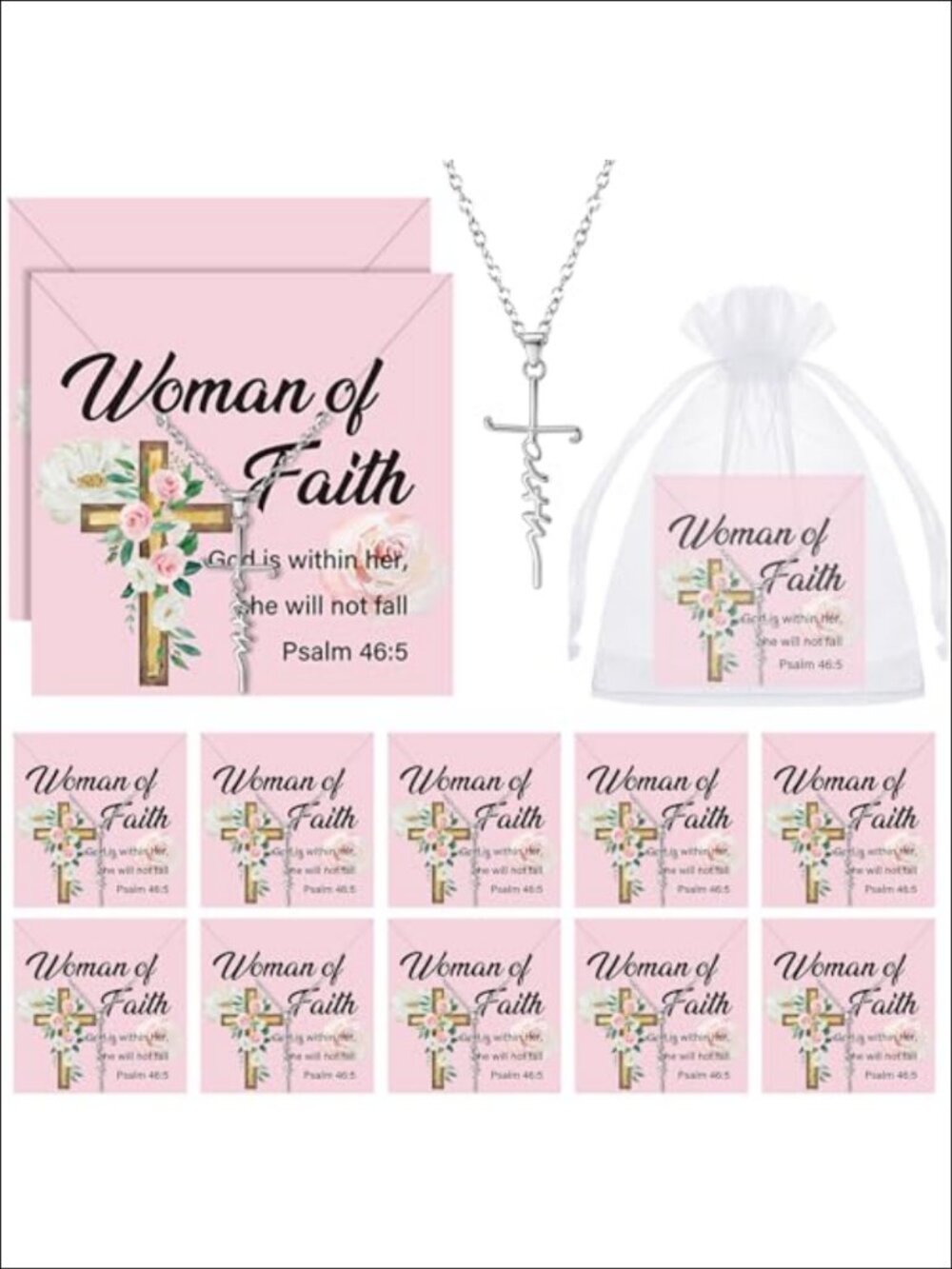10pc Faith Cross Necklaces Bible Cards Organza Bags Set